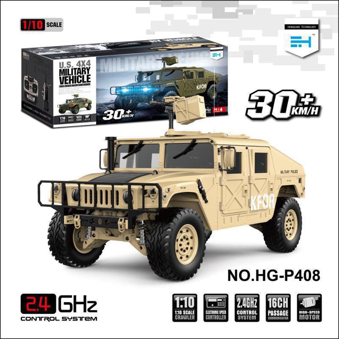HG P408 1/10 Scale 4WD U.S. Military RC Truck with Lights and Sound 16CH