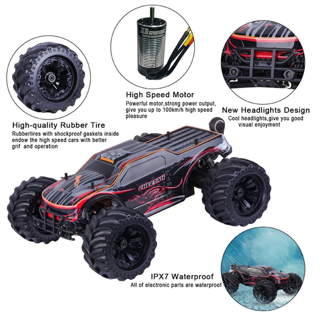 JLB Racing 11101 Cheetah 1/10 Scale 4WD Brushless Monster Truck RTR High Speed Waterproof RC Car