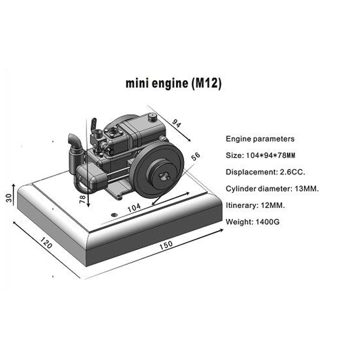 M12 2.6cc Mini 4 Stroke Gas Engine Model | Brass & Stainless Steel Desktop Engine Kit