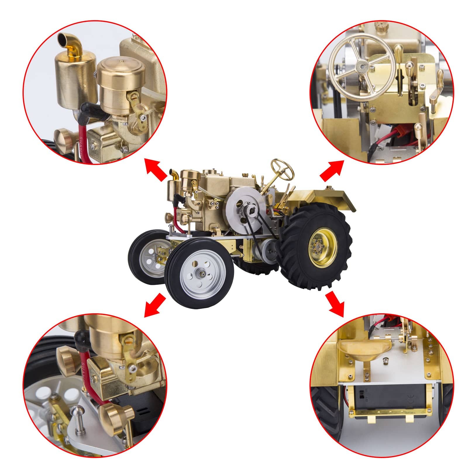 M16 Horizontal Engine Gas Powered Brass Road Roller Tractor Model with 3-Speed Gearbox