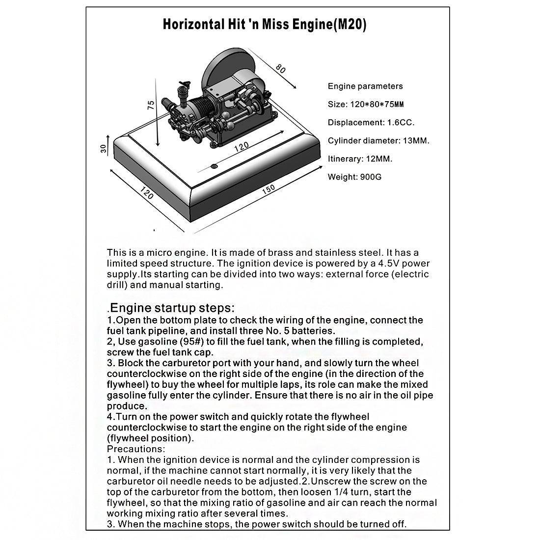 M20 1.6cc Horizontal 4 Stroke Hit and Miss Gas Engine Model Gift