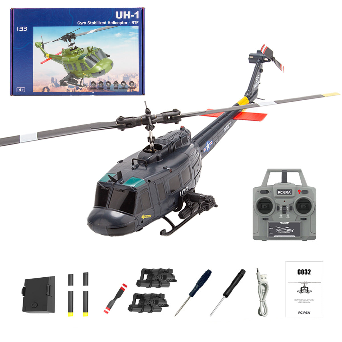 RC ERA C032 UH-1 Huey 1/48 Scale 6CH Flybarless RC Helicopter RTF Optical Flow-helloworld7