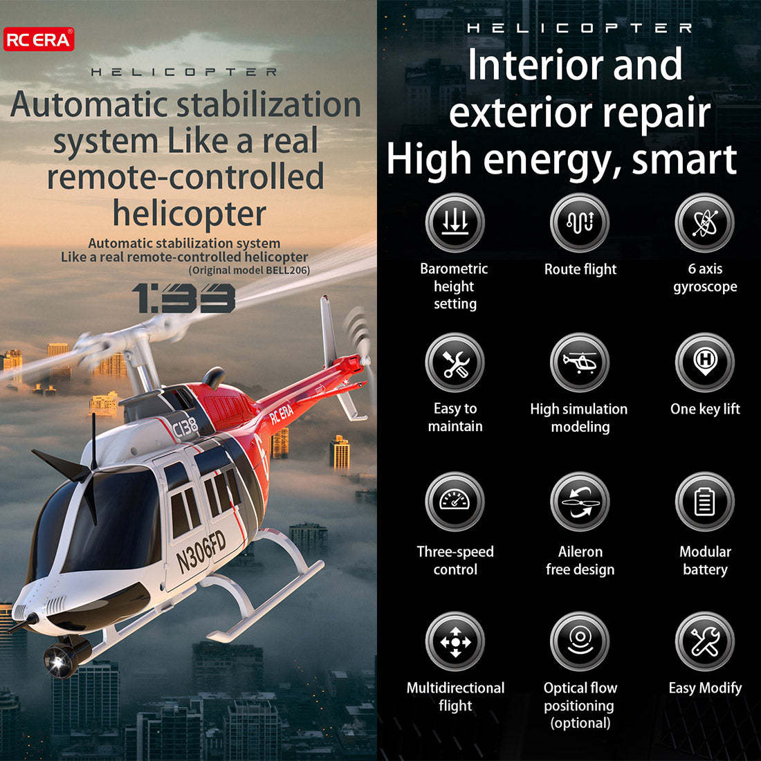RC ERA C138 Bell 206 1/33 Scale 6CH Flybarless RC Helicopter RTF Altitude Hold-helloworld7