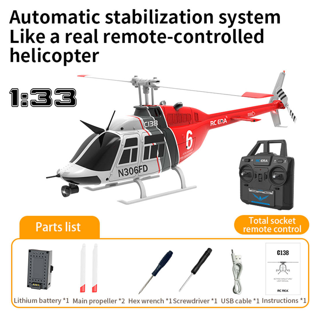 RC ERA C138 Bell 206 1/33 Scale 6CH Flybarless RC Helicopter RTF Altitude Hold-helloworld7