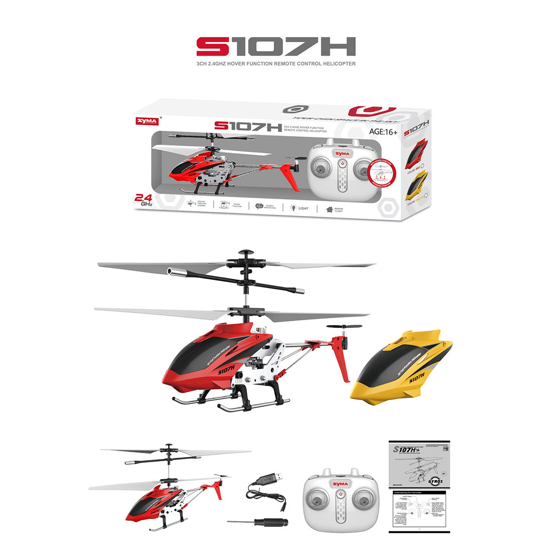S107H 3CH Metal RC Helicopter with Gyro & Altitude Hold RTF Red