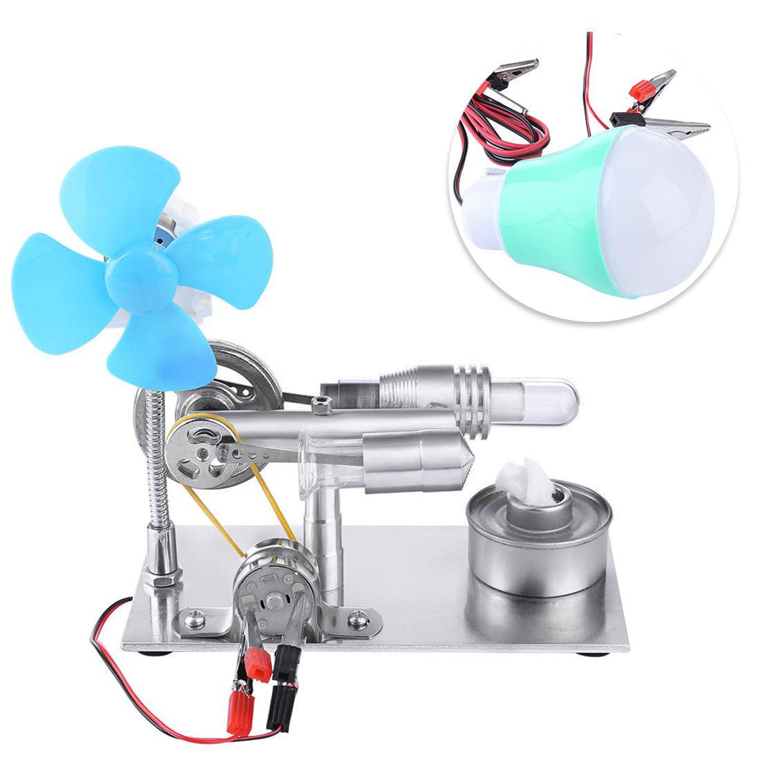 Single Cylinder Stirling Engine Generator Model Kit with LED Bulb & Fan Physics Experiment Toy