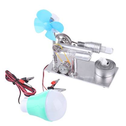 Single Cylinder Stirling Engine Generator Model Kit with LED Bulb & Fan Physics Experiment Toy