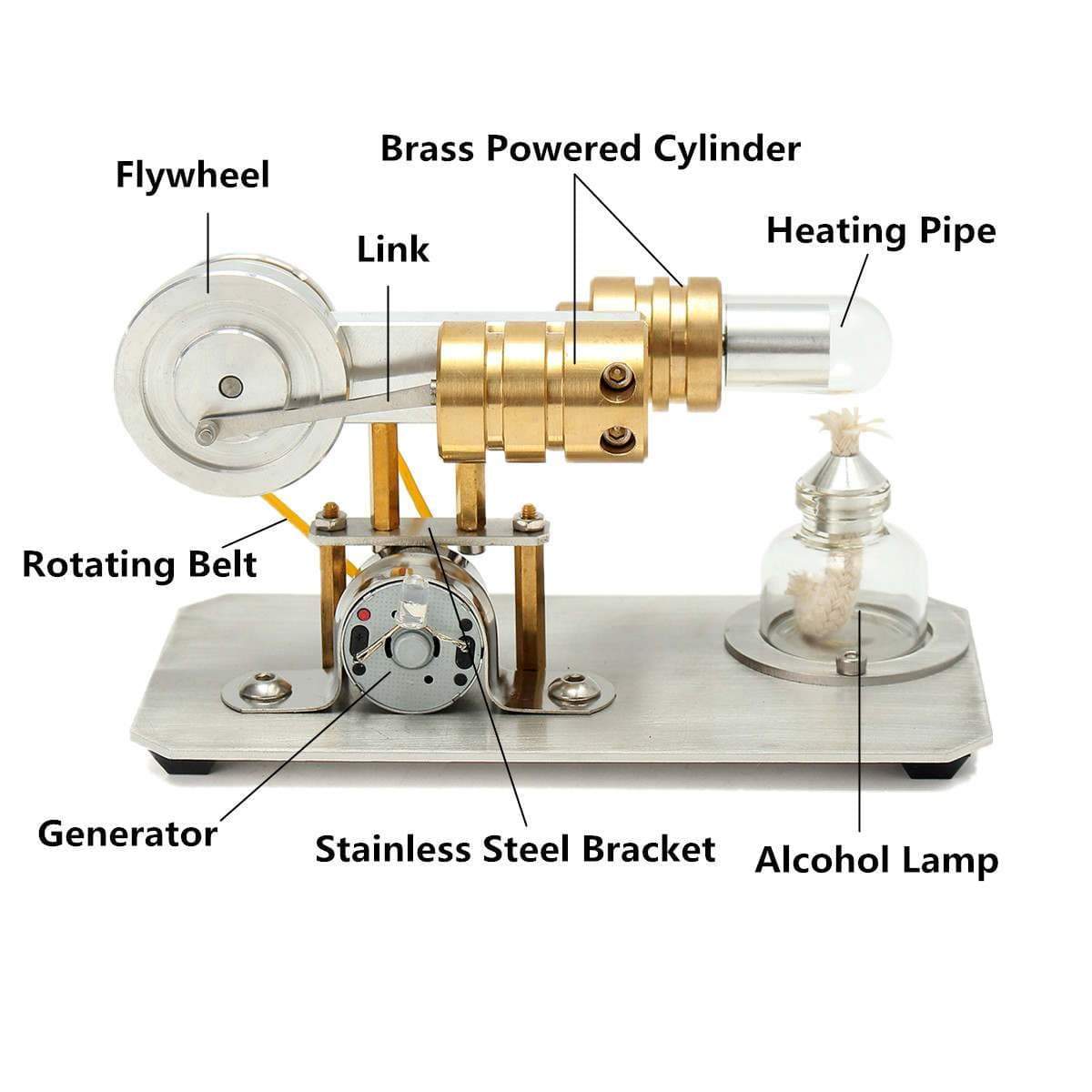 Single Cylinder Stirling Engine Model Stainless Steel Base Physics Science Experiment Gift