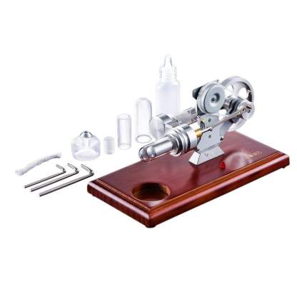 Stirling Engine Generator Model with Red LED Light Solid Wood Base Science Gift