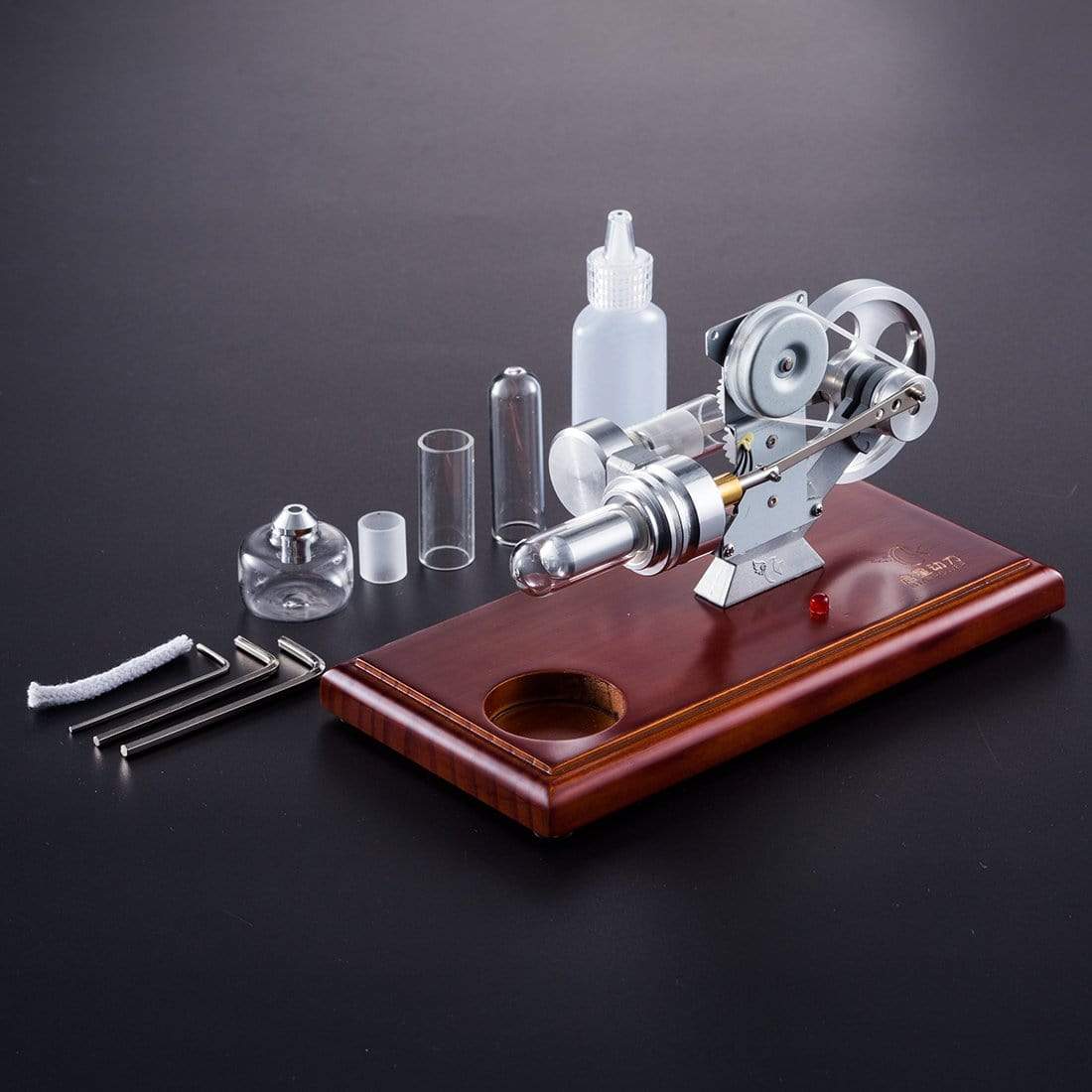 Stirling Engine Generator Model with Red LED Light Solid Wood Base Science Gift
