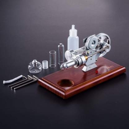 Stirling Engine Generator Model with Red LED Light Solid Wood Base Science Gift