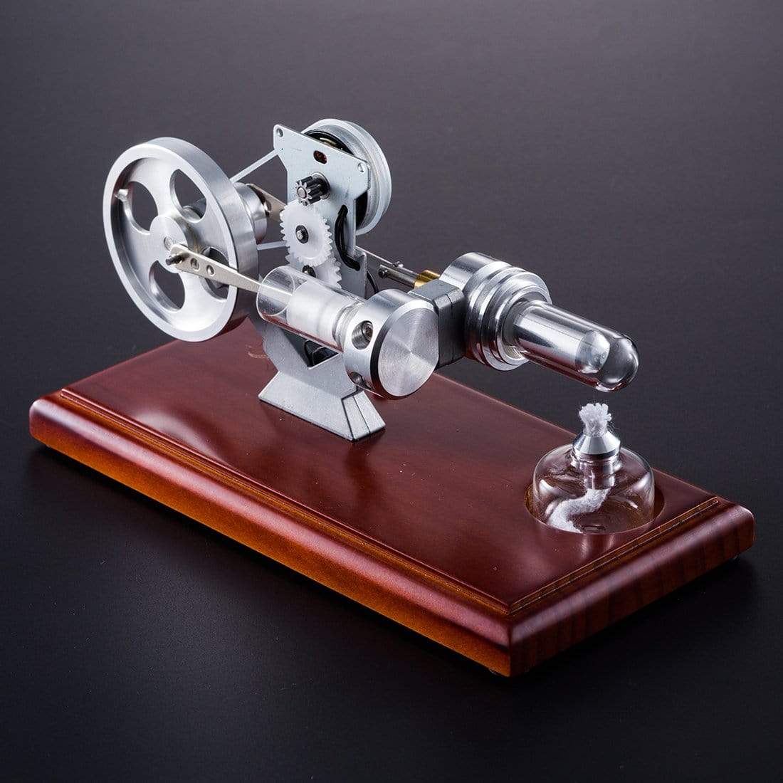 Stirling Engine Generator Model with Red LED Light Solid Wood Base Science Gift