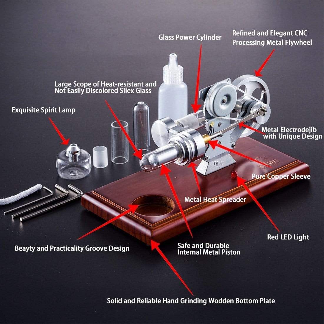 Stirling Engine Generator Model with Red LED Light Solid Wood Base Science Gift