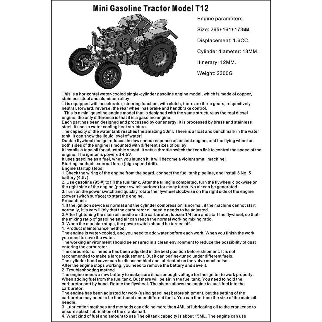 T12 Gas-Powered Scale Tractor Model 1.6cc Water-Cooled Engine Metal Farm Vehicle with 3-Speed Transmission