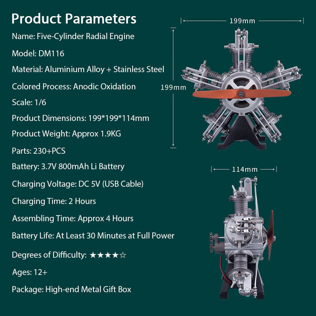 TECHING 1/6 Scale 5-Cylinder Radial Engine Model Kit Metal DIY Assembly Electric Motor STEM Gift-helloworld7