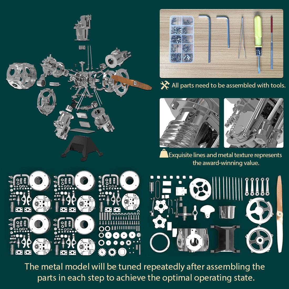 TECHING 1/6 Scale 5-Cylinder Radial Engine Model Kit Metal DIY Assembly Electric Motor STEM Gift-helloworld7