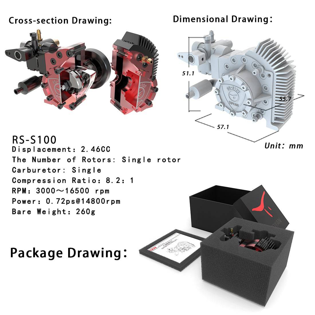Toyan RS-S100 2.46cc Single Rotor Wankel Rotary Engine Model Water Cooled Nitro