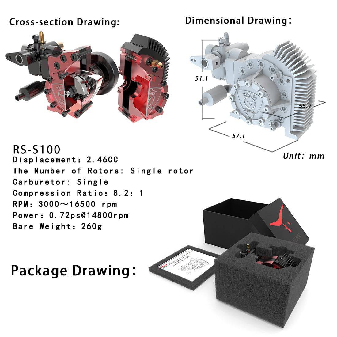 Toyan RS-S100 2.46cc Single Rotor Wankel Rotary Engine Model Water Cooled Nitro