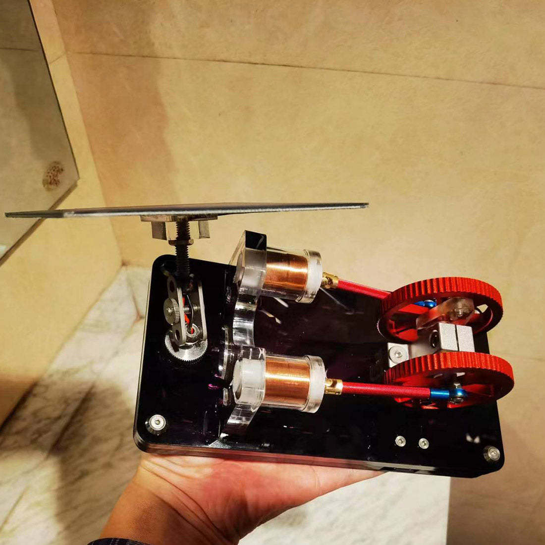 Twin Cylinder Solar Electromagnetic Engine Model with LED Lights Physics Science Desk Decor