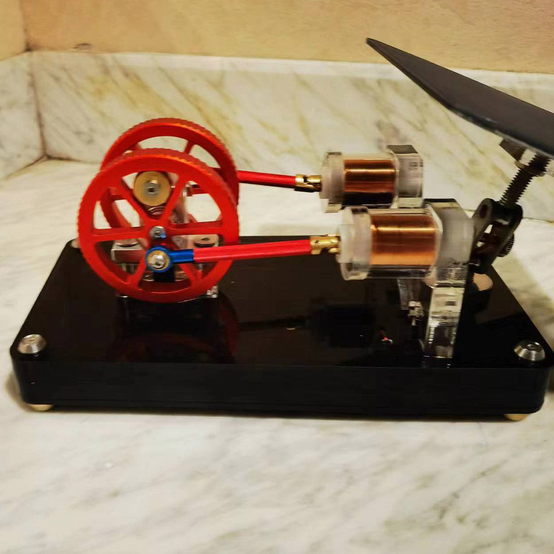 Twin Cylinder Solar Electromagnetic Engine Model with LED Lights Physics Science Desk Decor