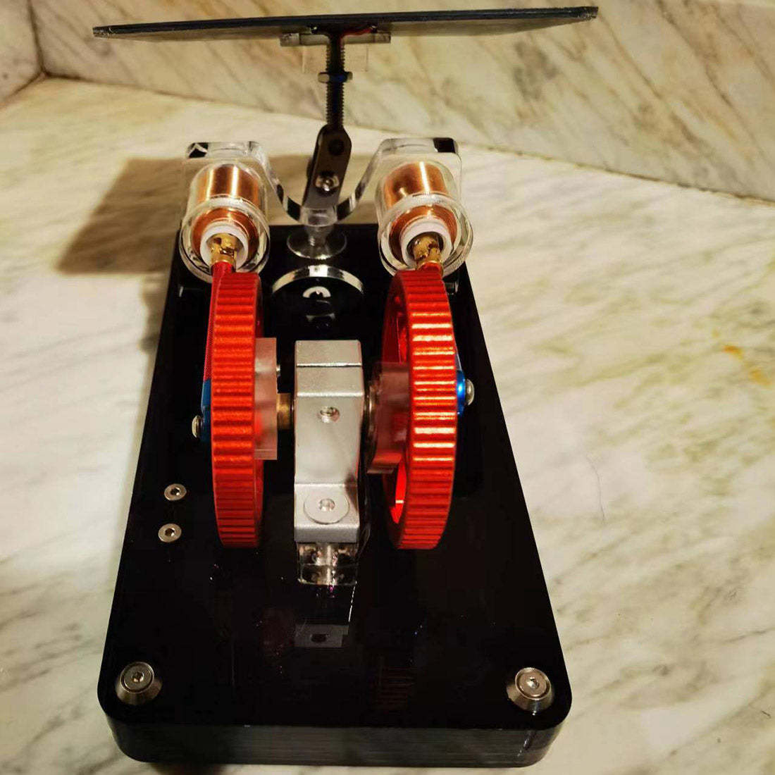 Twin Cylinder Solar Electromagnetic Engine Model with LED Lights Physics Science Desk Decor