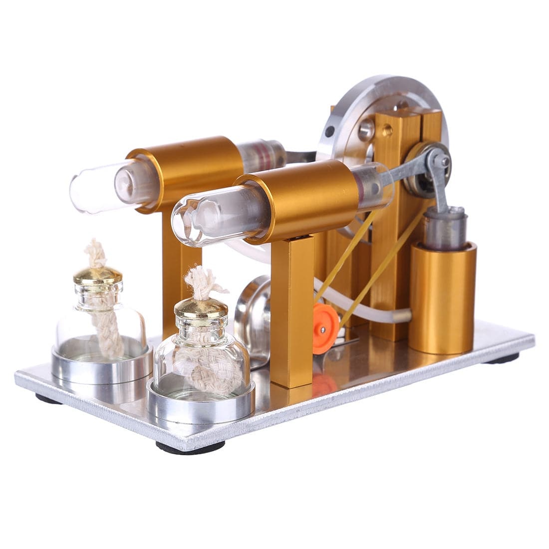 Two Cylinder Stirling Engine Generator Model Metal Physics Experiment Kit with LED Bulb