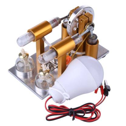 Two Cylinder Stirling Engine Generator Model Metal Physics Experiment Kit with LED Bulb