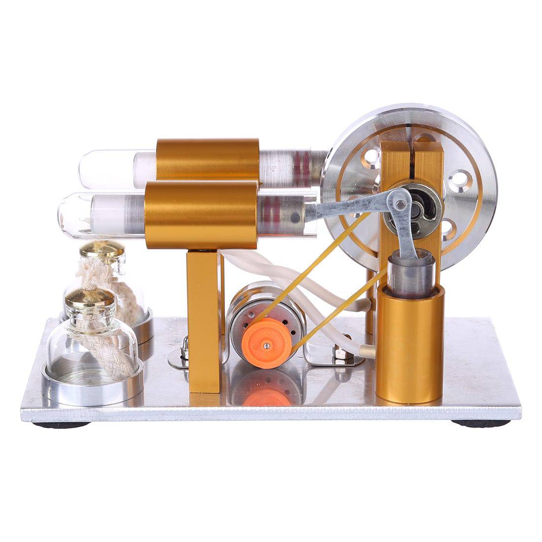 Two Cylinder Stirling Engine Generator Model Metal Physics Experiment Kit with LED Bulb