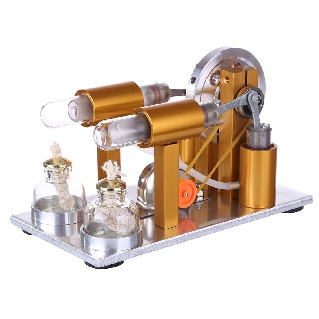 Two Cylinder Stirling Engine Generator Model Metal Physics Experiment Kit with LED Bulb