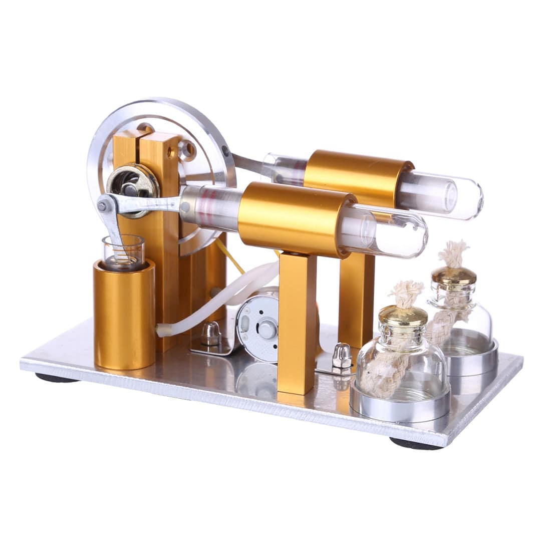 Two Cylinder Stirling Engine Generator Model Metal Physics Experiment Kit with LED Bulb