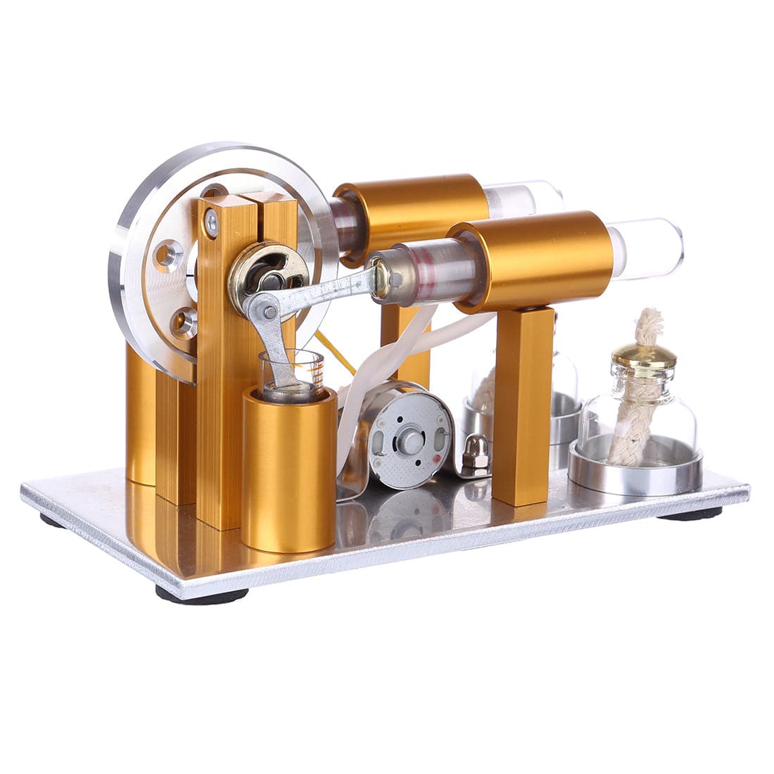 Two Cylinder Stirling Engine Generator Model Metal Physics Experiment Kit with LED Bulb