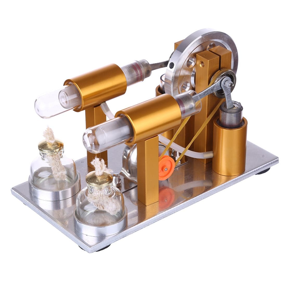 Two Cylinder Stirling Engine Generator Model Metal Physics Experiment Kit with LED Bulb