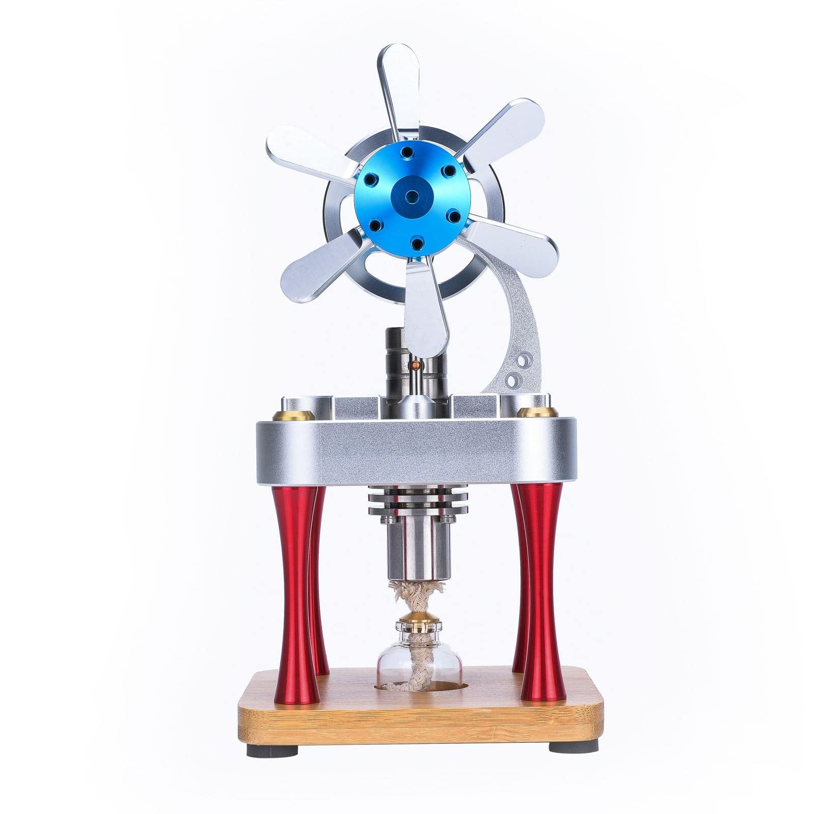 Vertical Air-Cooled Stirling Engine Fan Model Metal Physics Experiment Toy with Bamboo Base