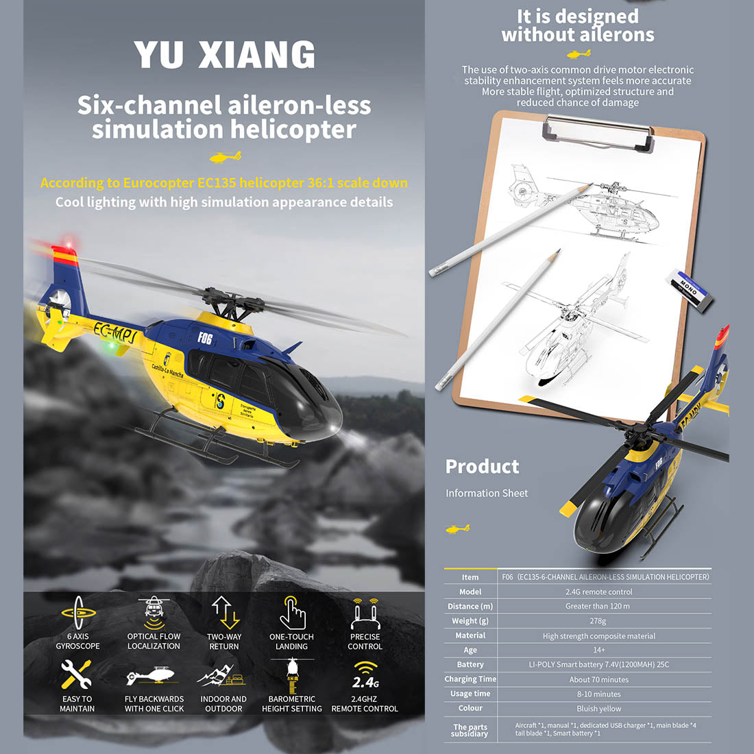 YU XIANG EC-135 1/36 Scale 6CH Direct Drive Brushless RC Helicopter RTF 3D/6G
