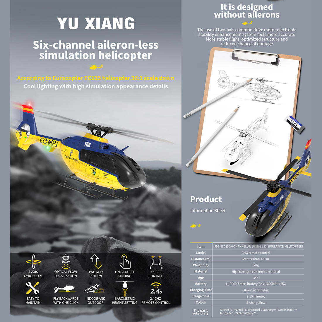 YU XIANG EC-135 1/36 Scale 6CH Direct Drive Brushless RC Helicopter RTF 3D/6G