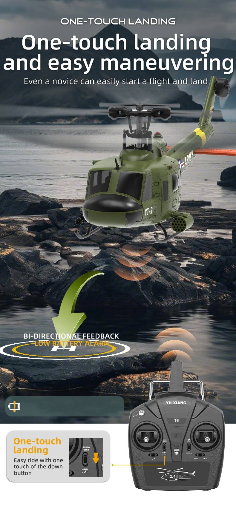 YU XIANG F07 UH-1 Huey 1/34 Scale 6CH Direct Drive Brushless RC Helicopter RTF Optical Flow