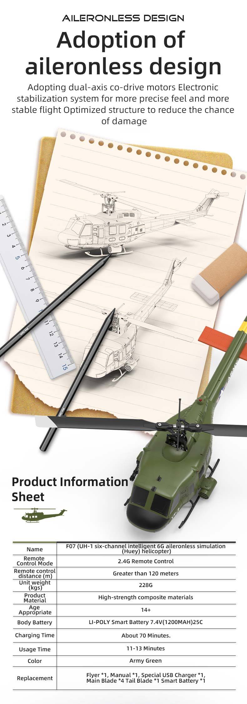 YU XIANG F07 UH-1 Huey 1/34 Scale 6CH Direct Drive Brushless RC Helicopter RTF Optical Flow