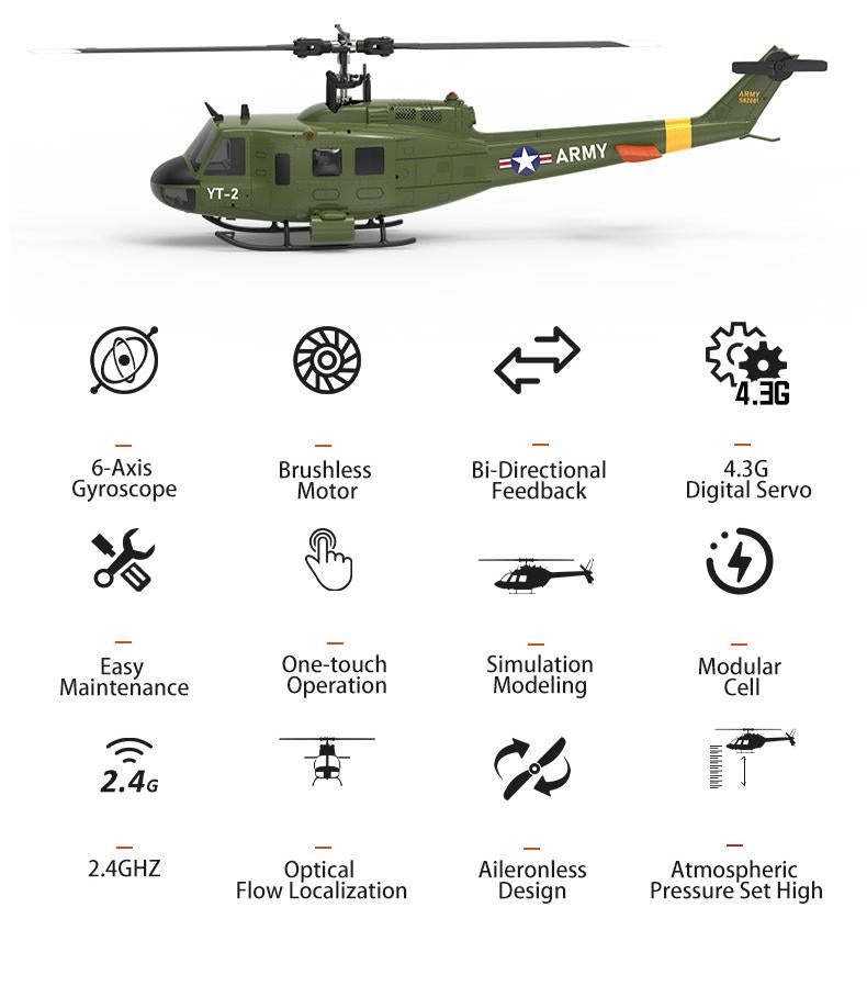YU XIANG F07 UH-1 Huey 1/34 Scale 6CH Direct Drive Brushless RC Helicopter RTF Optical Flow