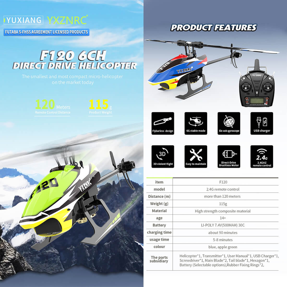 YU XIANG F120 6CH Direct Drive Brushless RC Helicopter RTF 3D/6G Stunt-helloworld7