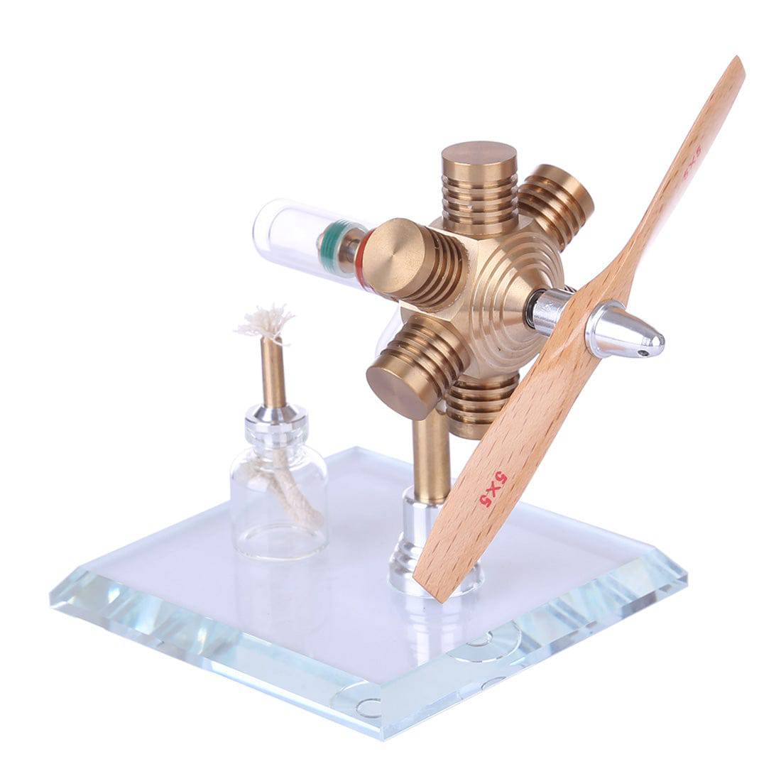 Brass Hexagonal Stirling Engine Model with Wooden Propeller Kinetic Art Physics Toy