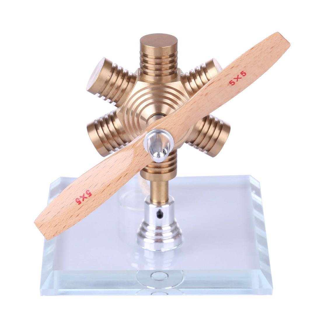 Brass Hexagonal Stirling Engine Model with Wooden Propeller Kinetic Art Physics Toy