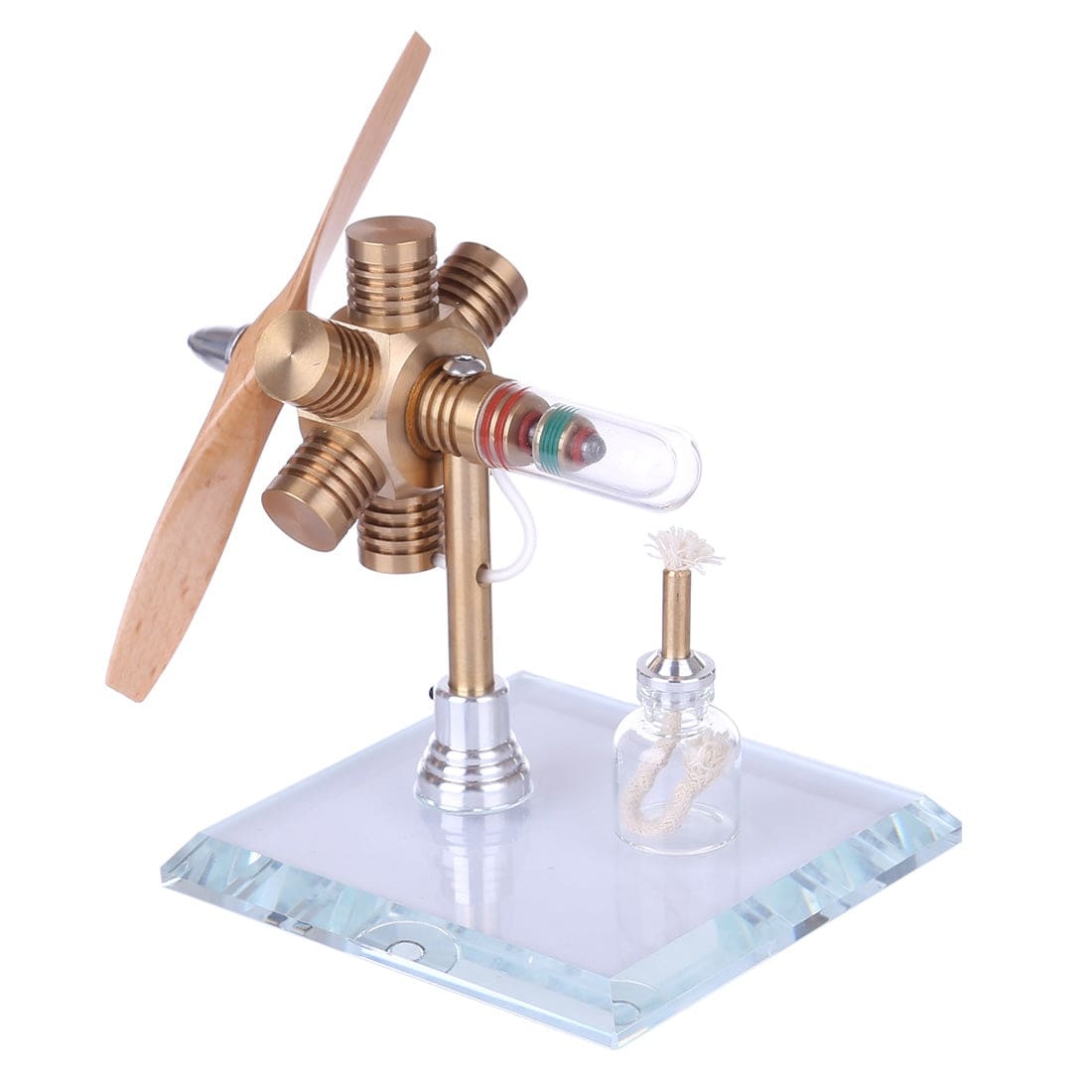 Brass Hexagonal Stirling Engine Model with Wooden Propeller Kinetic Art Physics Toy