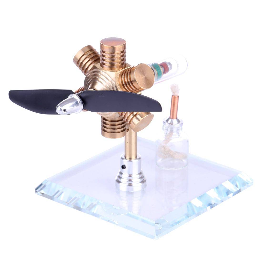 Brass Hexagonal Stirling Engine Model with Wooden Propeller Kinetic Art Physics Toy