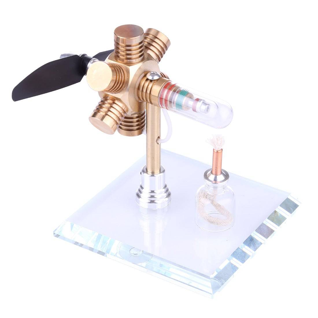 Brass Hexagonal Stirling Engine Model with Wooden Propeller Kinetic Art Physics Toy