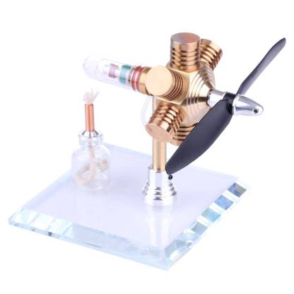 Brass Hexagonal Stirling Engine Model with Wooden Propeller Kinetic Art Physics Toy