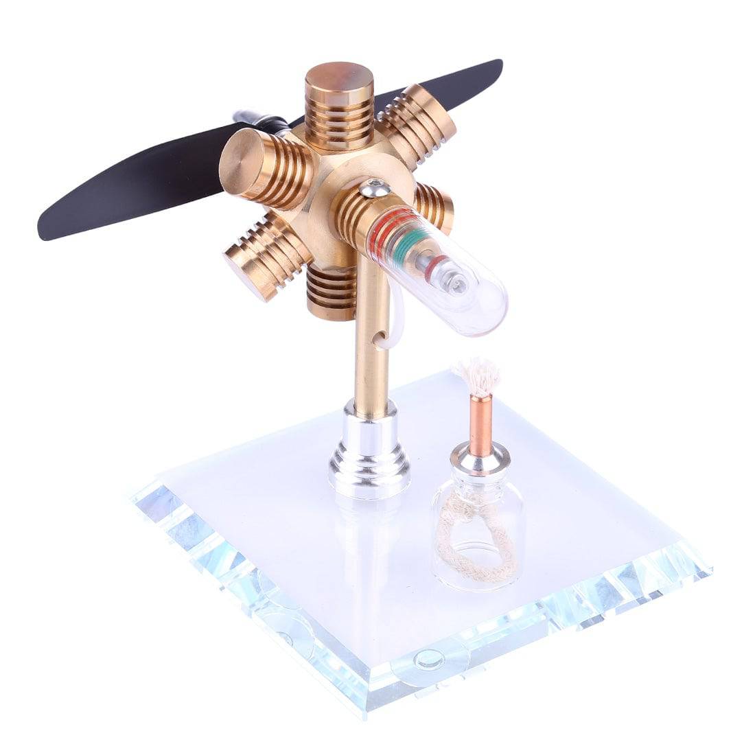 Brass Hexagonal Stirling Engine Model with Wooden Propeller Kinetic Art Physics Toy