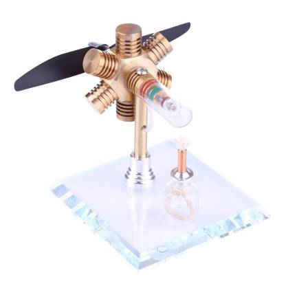 Brass Hexagonal Stirling Engine Model with Wooden Propeller Kinetic Art Physics Toy