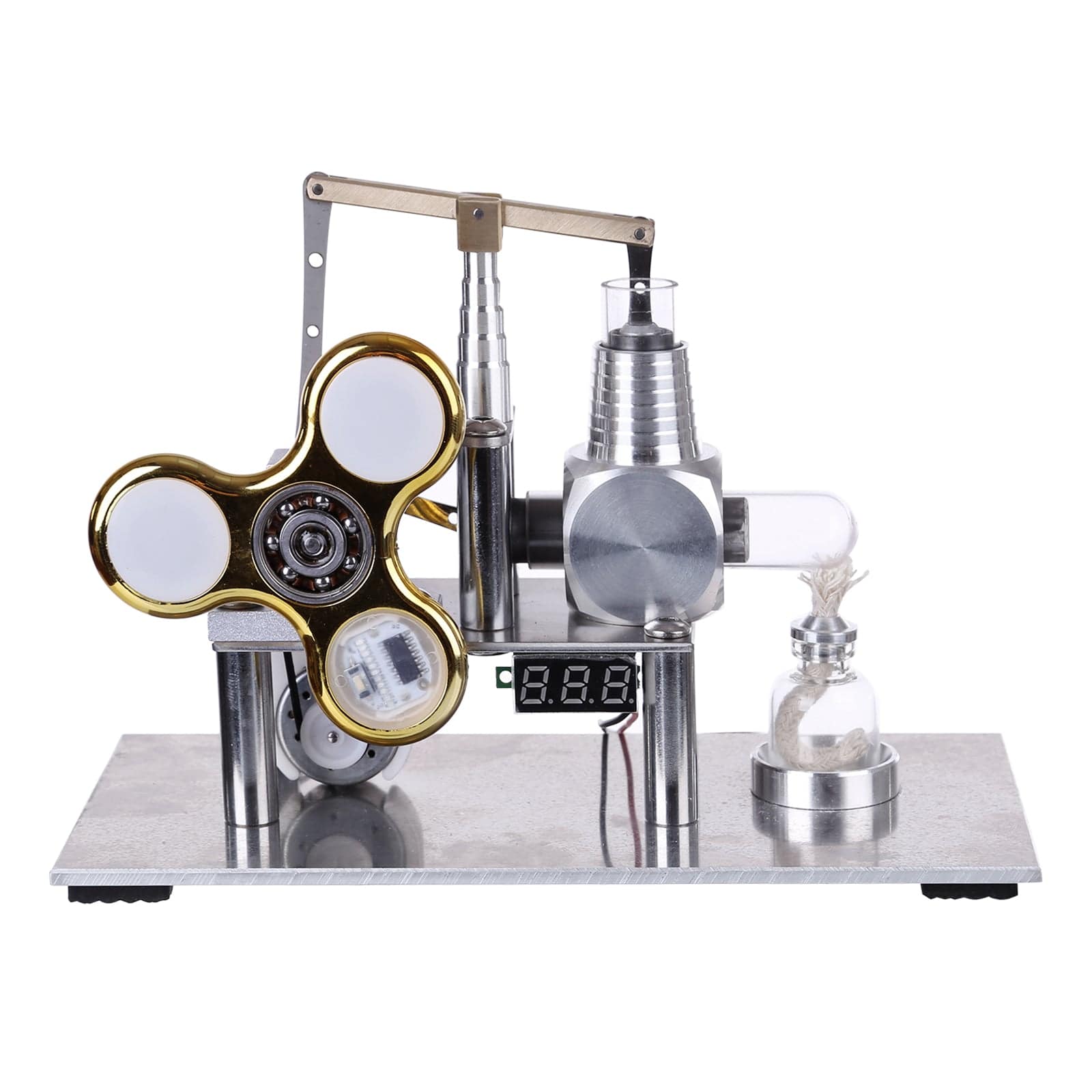 Balance Type Stirling Engine Generator Model with Luminous Gyroscope and Voltmeter
