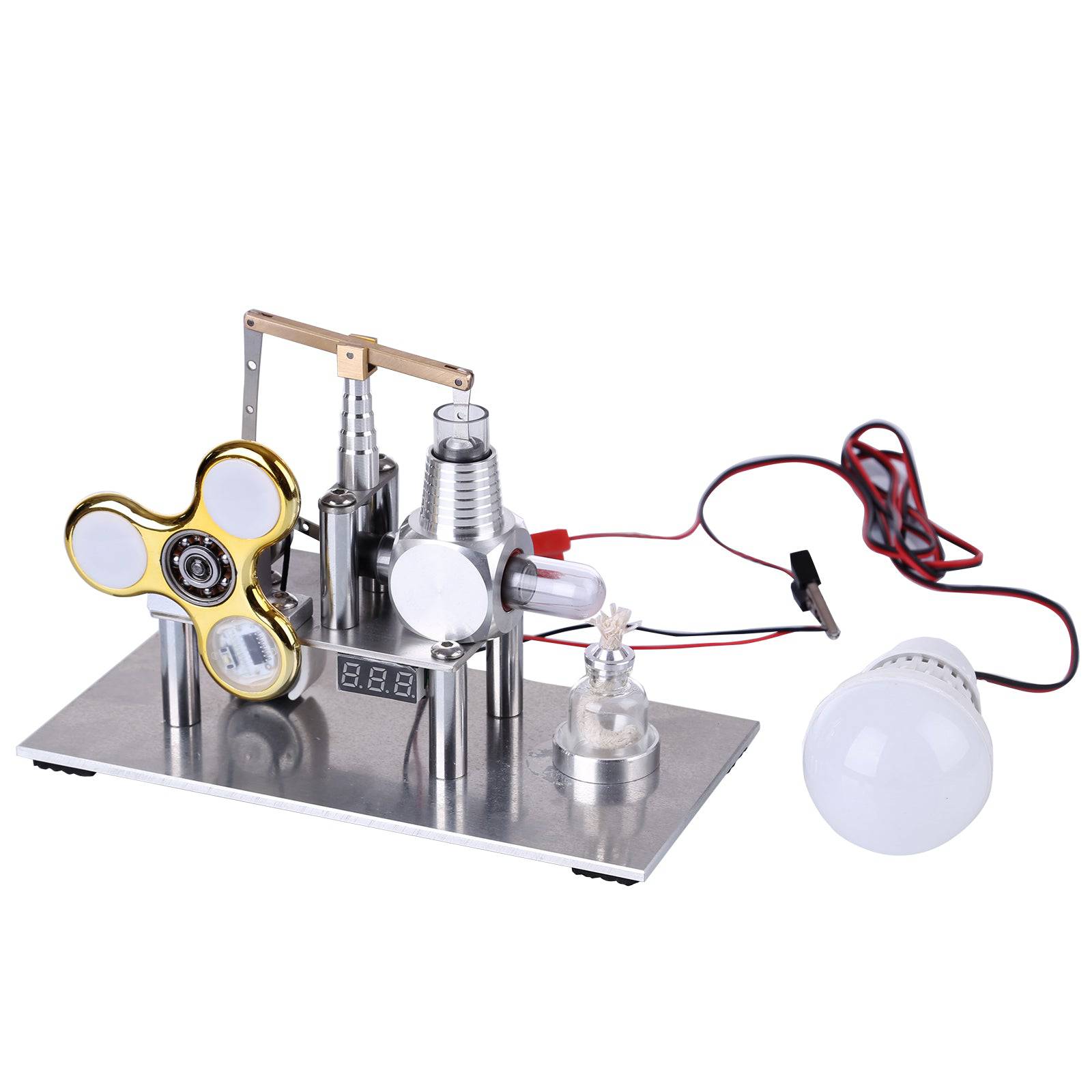 Balance Type Stirling Engine Generator Model with Luminous Gyroscope and Voltmeter