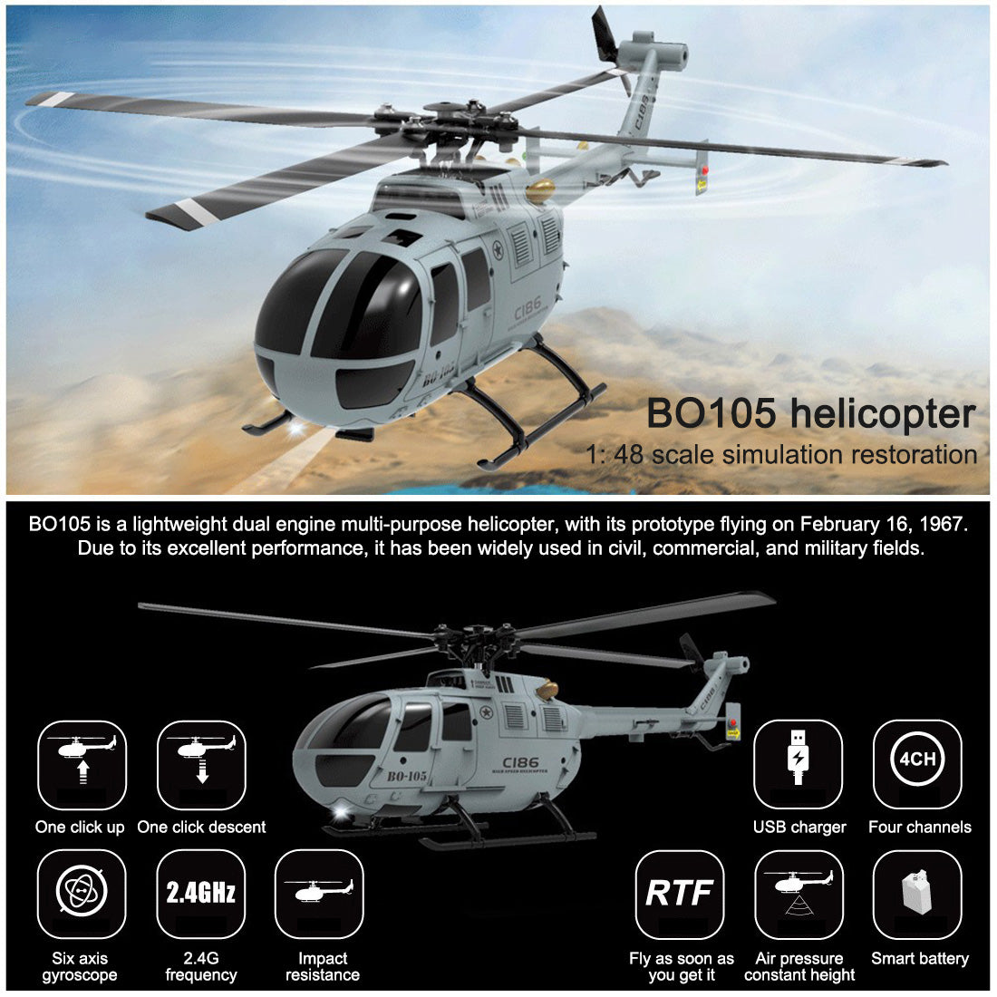 C186 BO105 4CH RC Armed Helicopter with Optical Flow & Altitude Hold RTF